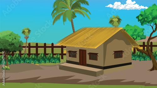 Charming tropical village hut with thatched roof sits peacefully under a bright blue sky surrounded by lush greenery