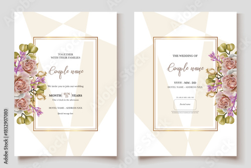 WEDDING INVITATION FRAME WITH FLOWER DECORATIONS AND FRESH LEAVES