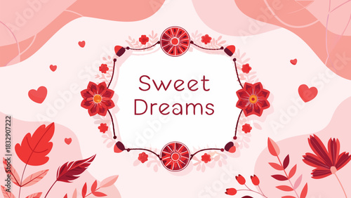 Sweet dreams text in a decorative floral border with hearts and leaves in shades of red and pink perfect for children s room decor or greeting cards