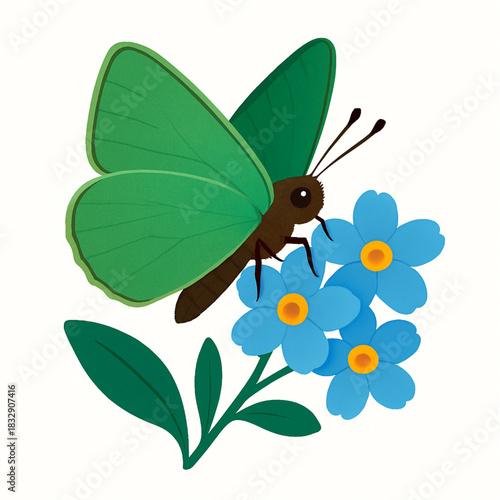 Minimalist and vibrant vector collection of different butterfly species sitting on spring and summer flowers. Flat design for digital projects, greeting cards, and nature-themed graphics.