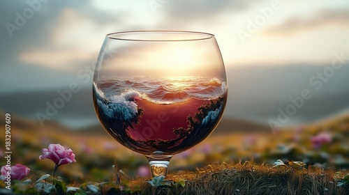 A captivating image of a glass of red wine, with swirling waves appearing within the liquid, creating a sense of depth and movement. The rich color and reflective surface add to the visual appeal.