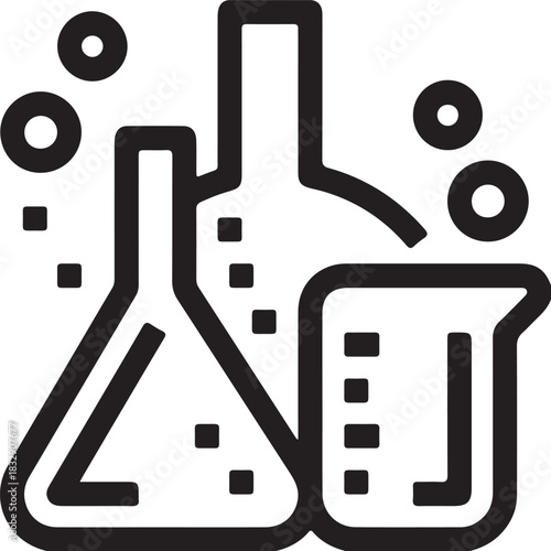 Black silhouette of laboratory glassware including a flask and beaker with bubbles isolated on transparent background