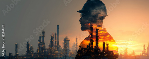 Double exposure of engineer with oil refinery at dusk