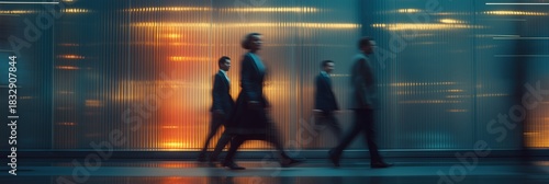 Business people in motion through corridor lined with light strips. Reflections on glass and steel surfaces