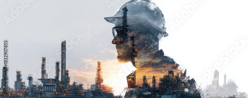 Double exposure of engineer with oil refinery at dusk