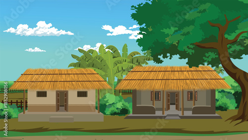 Charming traditional village huts with thatched roofs nestled among lush tropical greenery under a bright blue sky