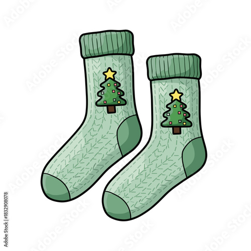Colorful knitted Christmas stockings with Christmas tree motif  