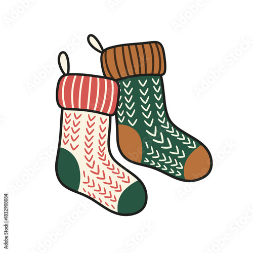 Colorful knitted Christmas stockings with festive patterns and textures  