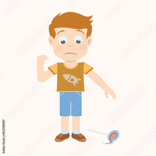 Cartoon boy looking down with a disappointed expression at a broken yo-yo toy on the ground. Sadness or failure concept