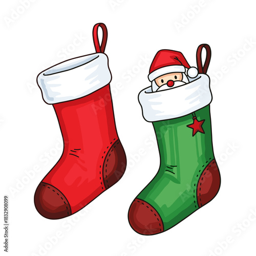 Colorful knitted Christmas stockings with faux fur trim and Santa  