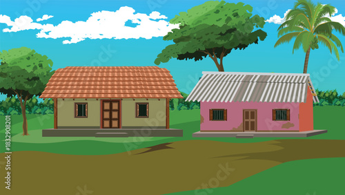 Charming rural village scene featuring two traditional homes nestled under a bright blue sky with lush trees