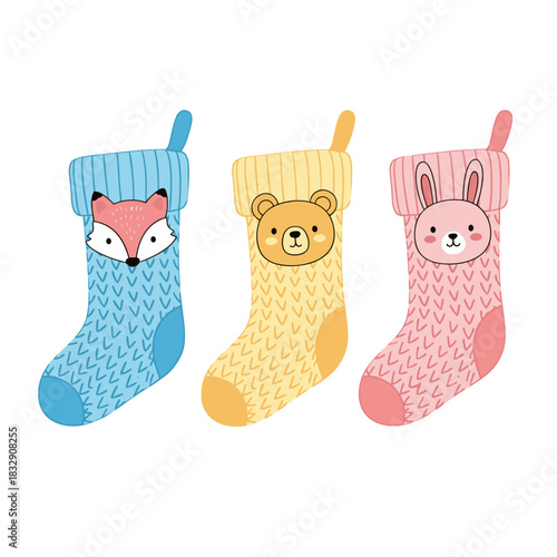 Colorful knitted Christmas stockings with animal faces concept  