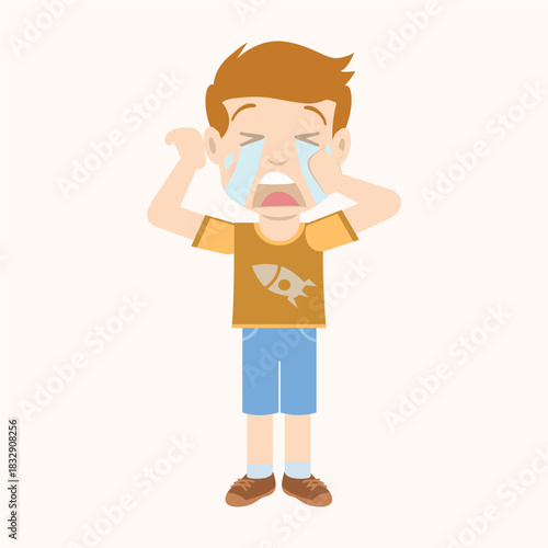 Cartoon boy crying loudly with tears streaming down his face. Sadness or hurt concept