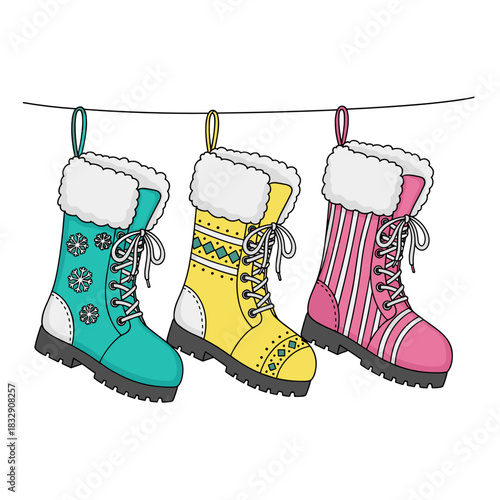 Colorful knitted winter boots hanging on a line for the holidays  