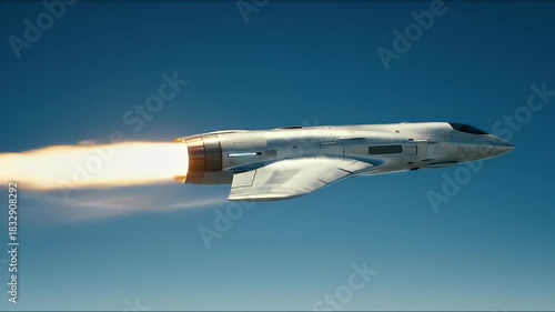 Jet fighter soaring through the sky with a fiery trail.