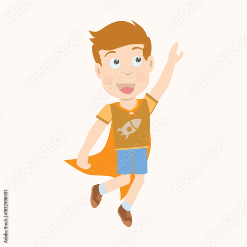 Cartoon boy wearing an orange cape pretending to fly like a superhero. Joyful and energetic concept