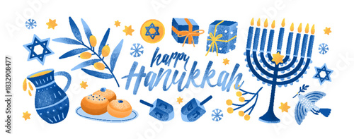 Happy Hanukkah symbols set for traditional Jewish holiday, festival. Menorah candle, dreidels and dove, festive Judaic Hanuka elements. Flat vector illustrations isolated on white background