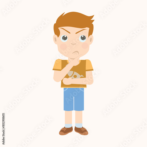 Cartoon boy looking pensive or thinking deeply, with his hand touching his chin. Problem-solving or wondering concept
