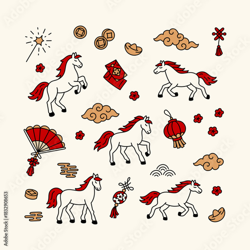 Set elements for Chinese New Year. Collection of horses, red envelope, coins, gold ingots, clouds, flowers, fan, talismans, fireworks, lantern. Asian holiday clip art auspicious symbols