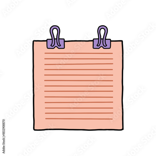 Hand drawn pink lined memo pad with clips vector illustration