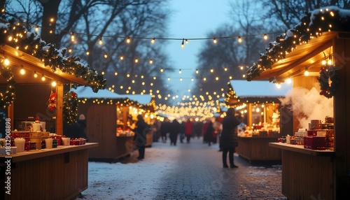 Fototapeta Naklejka Na Ścianę i Meble -  Cinematic editorial shot of a small outdoor Christmas market