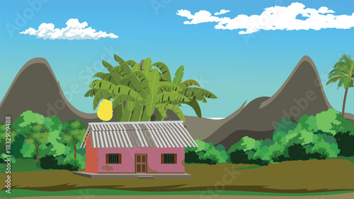 Charming tropical village scene features a small pink hut nestled among lush banana trees and mountains