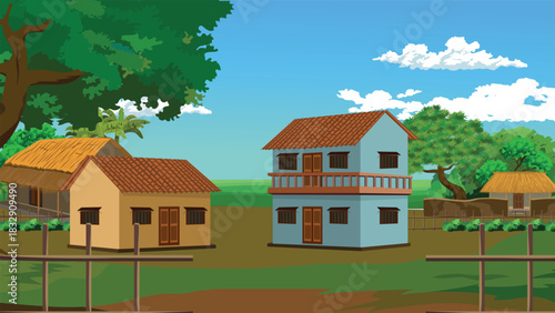 Charming rural village scene with traditional homes nestled under a bright blue sky and lush green trees
