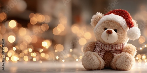 Wallpaper Mural Cute plush teddy bear in red santa hat and knitted scarf sits on white surface in the foreground, warm golden bokeh lights behind, closeup product shot, concept of holiday gift marketing Torontodigital.ca