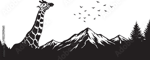 Giraffe Mountain Landscape Silhouette Vector