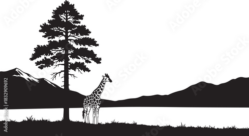 Giraffe Mountain Landscape Silhouette Vector