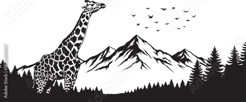 Giraffe Mountain Landscape Silhouette Vector