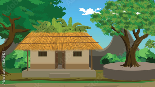 Charming traditional village hut nestled among lush green tropical jungle foliage under a bright blue sky