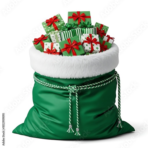 A green santa bag filled with christmas presents