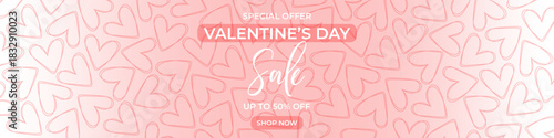 Heart outline banner with soft pink background and elegant Valentines Day sale typography. Great for web shops, promo ads, social media marketing and email campaigns