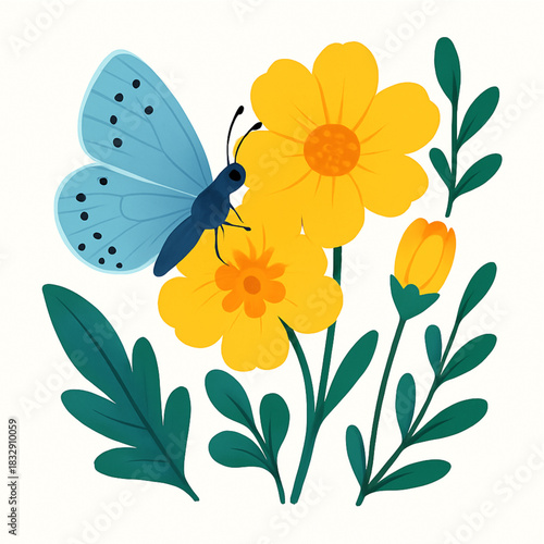 Minimalist and vibrant vector collection of different butterfly species sitting on spring and summer flowers. Flat design for digital projects, greeting cards, and nature-themed graphics.