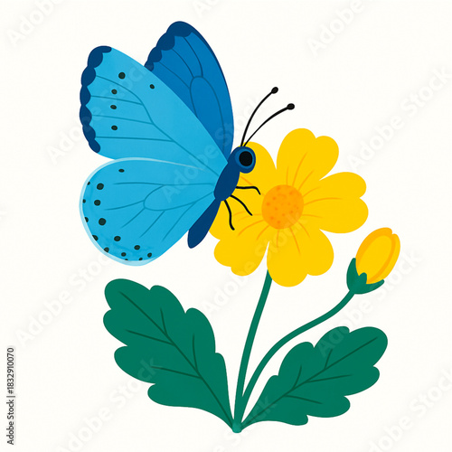 Minimalist and vibrant vector collection of different butterfly species sitting on spring and summer flowers. Flat design for digital projects, greeting cards, and nature-themed graphics.