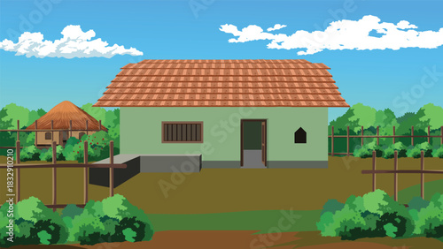 Charming rural Indian village home scene with traditional hut under a bright blue summer sky