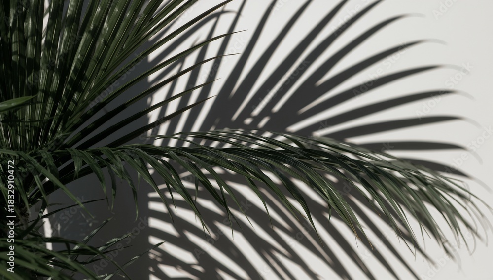 Fototapeta premium Detailed Shadow Play of a Palm Leaf on a Wall Background