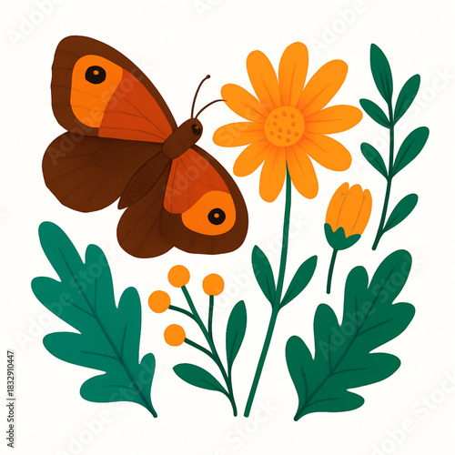 Minimalist and vibrant vector collection of different butterfly species sitting on spring and summer flowers. Flat design for digital projects, greeting cards, and nature-themed graphics.