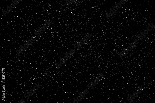 Snow flakes falling isolated. White snowflakes on black background. Snow pattern texture. Snowstorm backdrop. Snowfall overlay background. Winter ice effect. Vector illustration, EPS 10.
