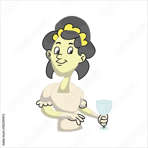 Cartoon bride wearing a wedding dress holding a wine glass, celebrating with a drink