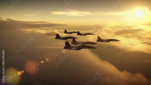 Military Fighter Jets in Formation Flying Through Golden Sunset Clouds.