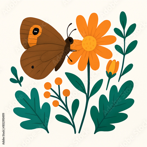 Minimalist and vibrant vector collection of different butterfly species sitting on spring and summer flowers. Flat design for digital projects, greeting cards, and nature-themed graphics.