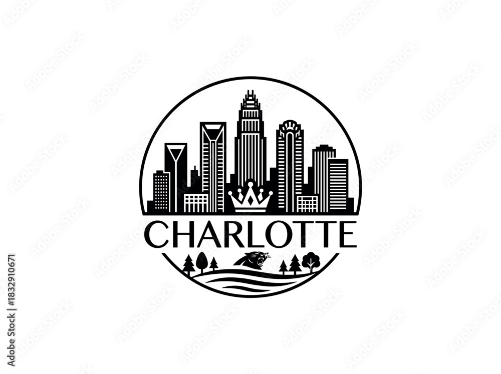 Obraz premium Charlotte city skyline emblem with landmarks and bold city text