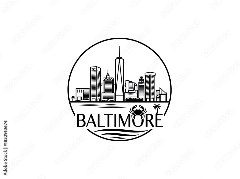 Obraz premium Baltimore city skyline emblem with landmarks and bold city text