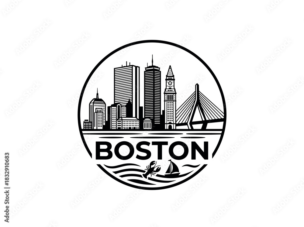 Obraz premium Boston city skyline emblem with landmarks and bold city text