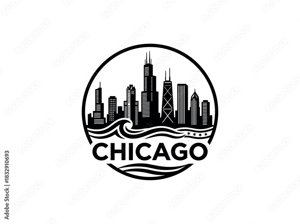 Fototapeta premium Chicago city skyline emblem with landmarks and bold city text