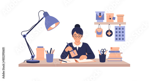 Creative woman crafting at her desk with lamp, books, and art supplies, perfect for blogs, websites, and social media posts needing a modern touch
