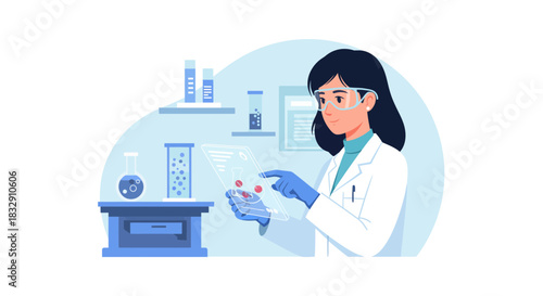 Dedicated scientist analyzes data on futuristic glass tablet in a bright lab, envisioning breakthrough results and scientific advancement through innovation