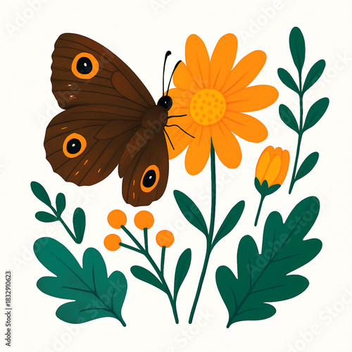 Minimalist and vibrant vector collection of different butterfly species sitting on spring and summer flowers. Flat design for digital projects, greeting cards, and nature-themed graphics.
